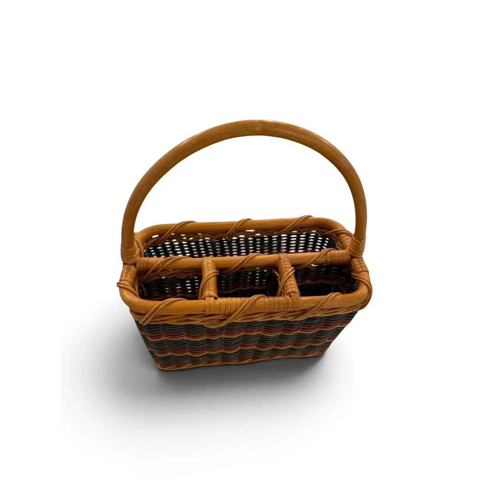 Vintage Wicker Utensil Caddy Woven Rattan Flatware Basket Green Burgundy Brown